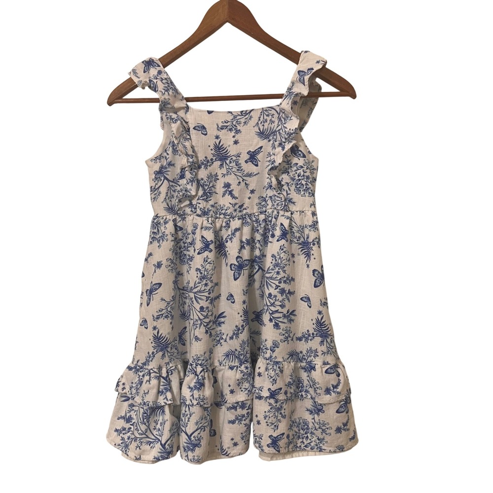Btween Girls Blue White Toile Floral Butterfly Ruffle Linen Blend Dress Size 10